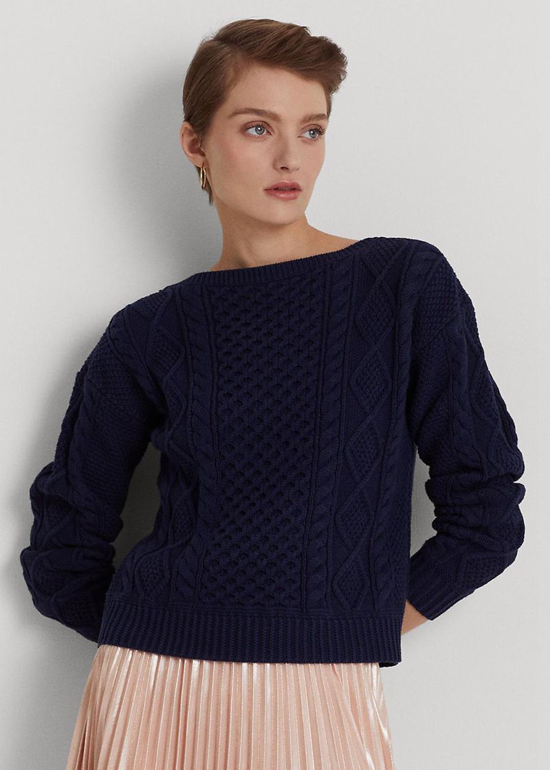 Sueter Lauren Mujer Aran-Knit Cotton Boatneck Jumper Chile Azul Marino KTNUC-6419